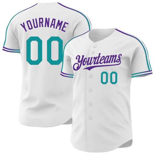 Custom White Teal-Purple Raglan Line Gradient Stripe Authentic Baseball Jersey - Main View
