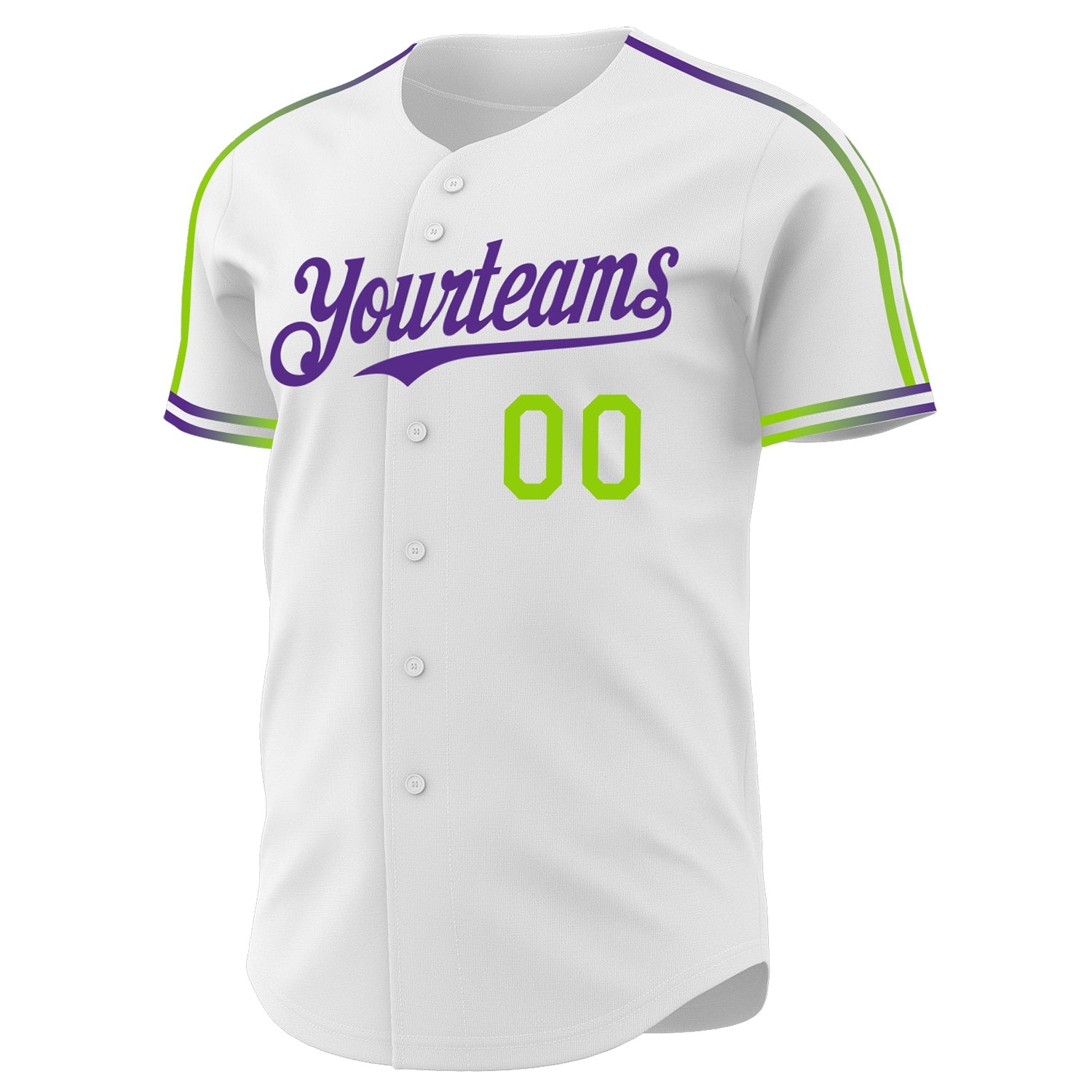 Custom White Neon Green-Purple Raglan Line Gradient Stripe Authentic Baseball Jersey view 3
