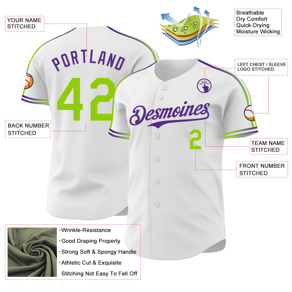 Custom White Neon Green-Purple Raglan Line Gradient Stripe Authentic Baseball Jersey view 4