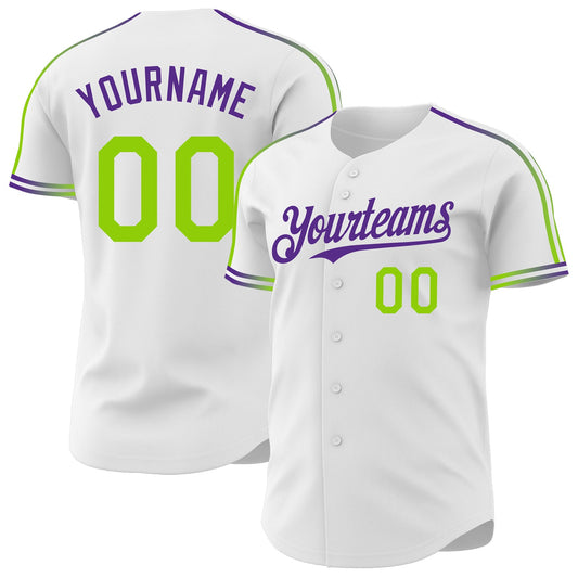 Custom White Neon Green-Purple Raglan Line Gradient Stripe Authentic Baseball Jersey - Main View