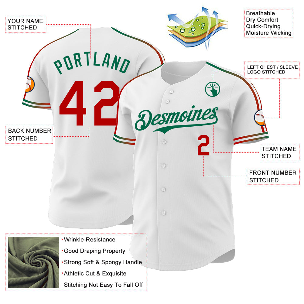 Custom White Red-Kelly Green Raglan Line Gradient Stripe Authentic Baseball Jersey view 4