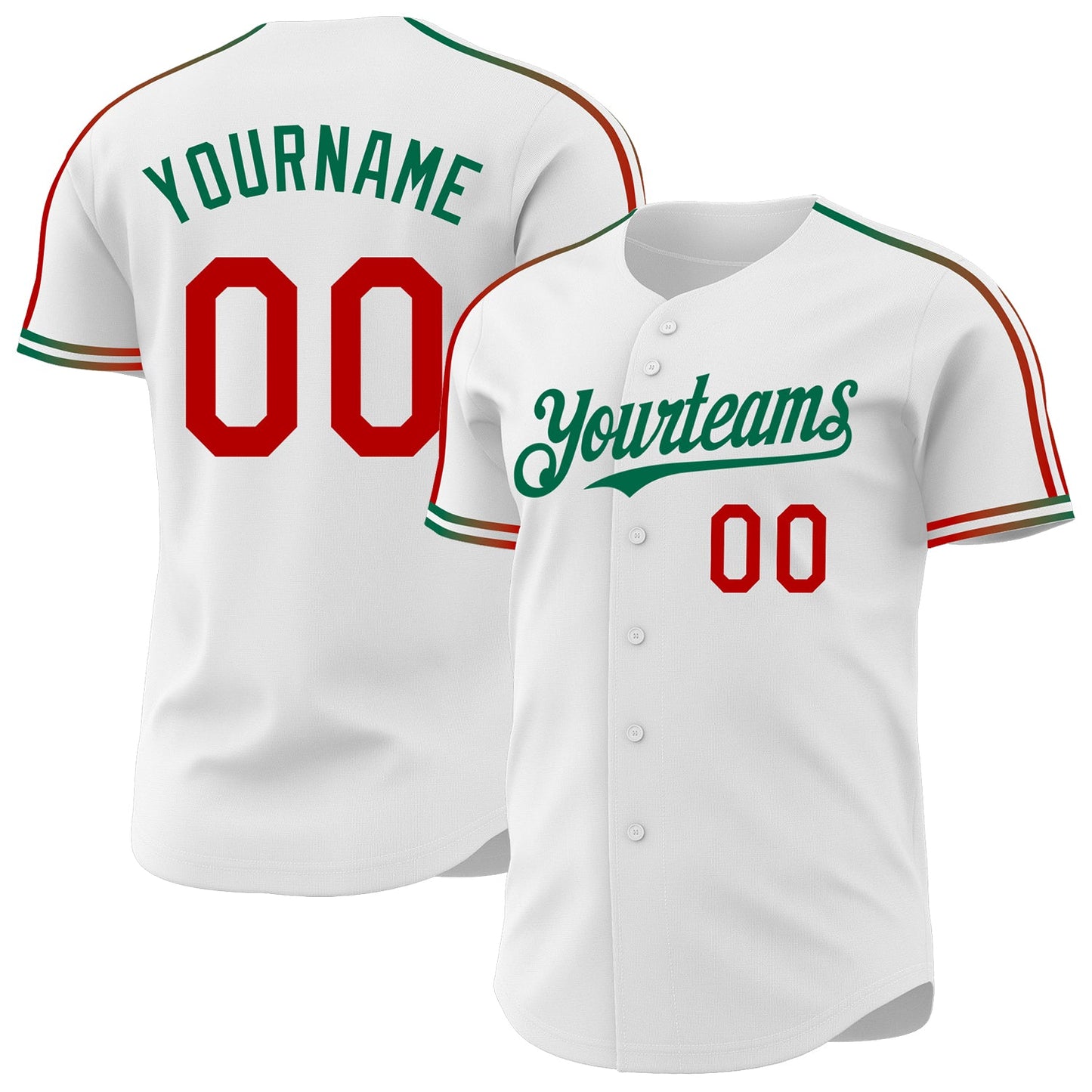 Custom White Red-Kelly Green Raglan Line Gradient Stripe Authentic Baseball Jersey - Main View