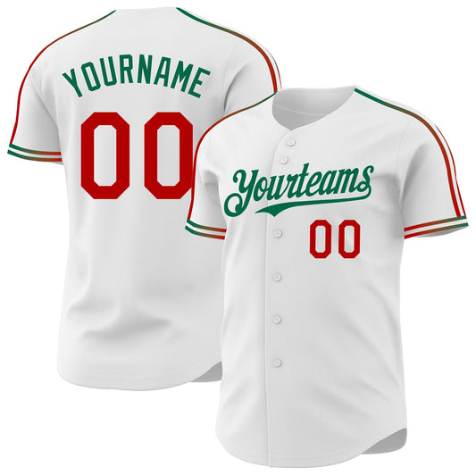 Custom White Red-Kelly Green Raglan Line Gradient Stripe Authentic Baseball Jersey - Main View