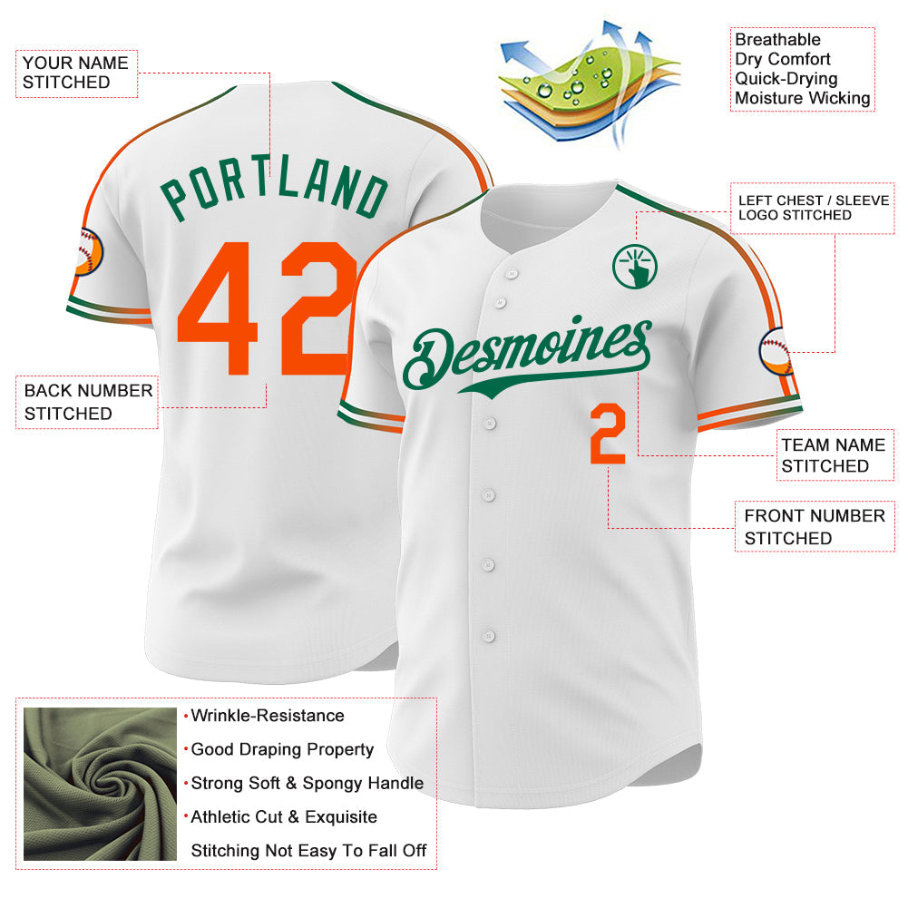 Custom White Orange-Kelly Green Raglan Line Gradient Stripe Authentic Baseball Jersey view 4