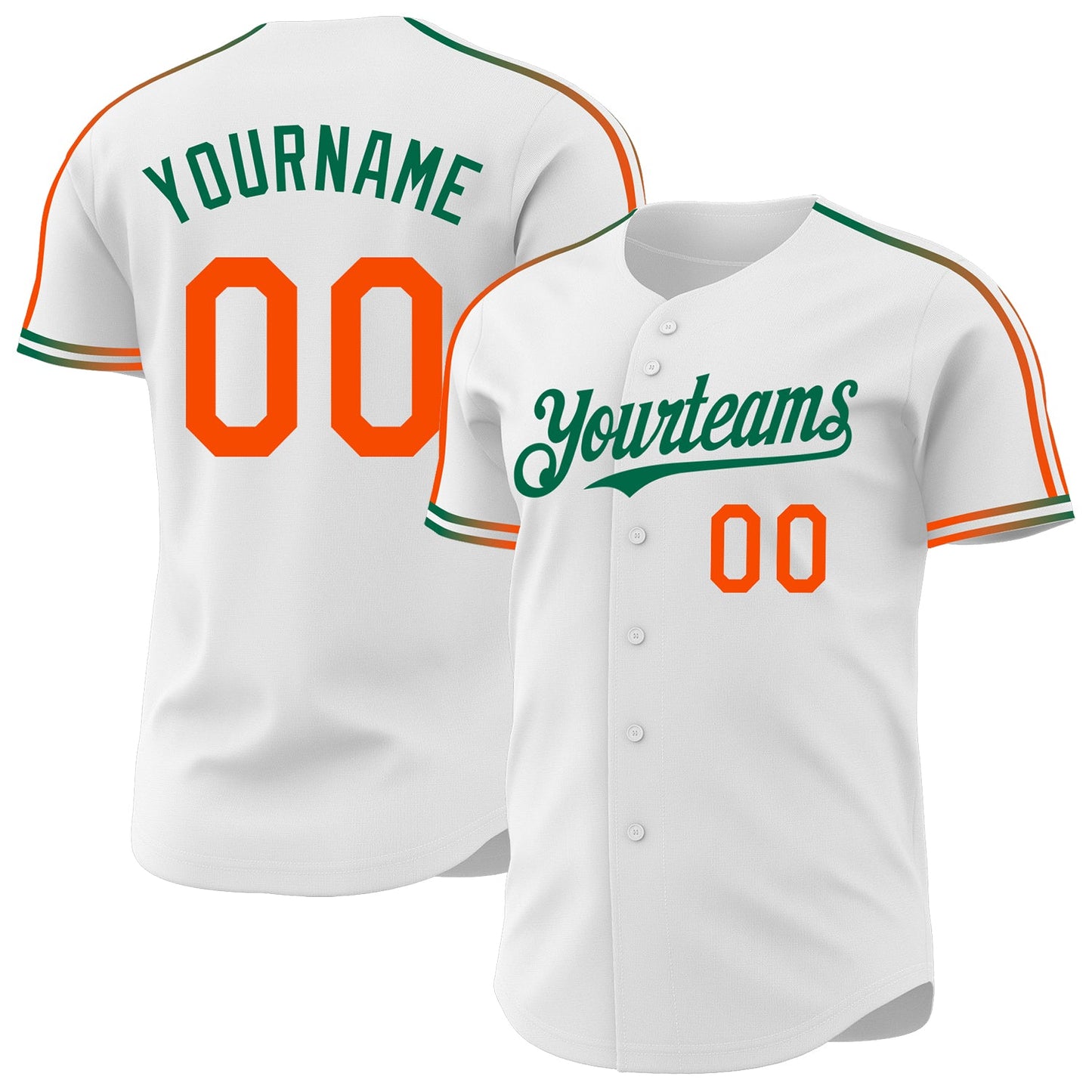 Custom White Orange-Kelly Green Raglan Line Gradient Stripe Authentic Baseball Jersey - Main View