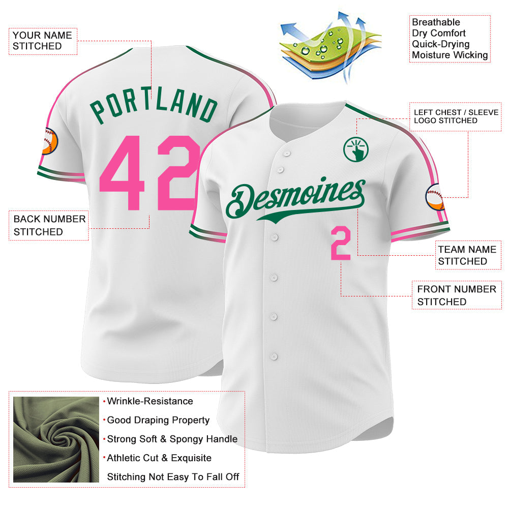 Custom White Pink-Kelly Green Raglan Line Gradient Stripe Authentic Baseball Jersey view 4