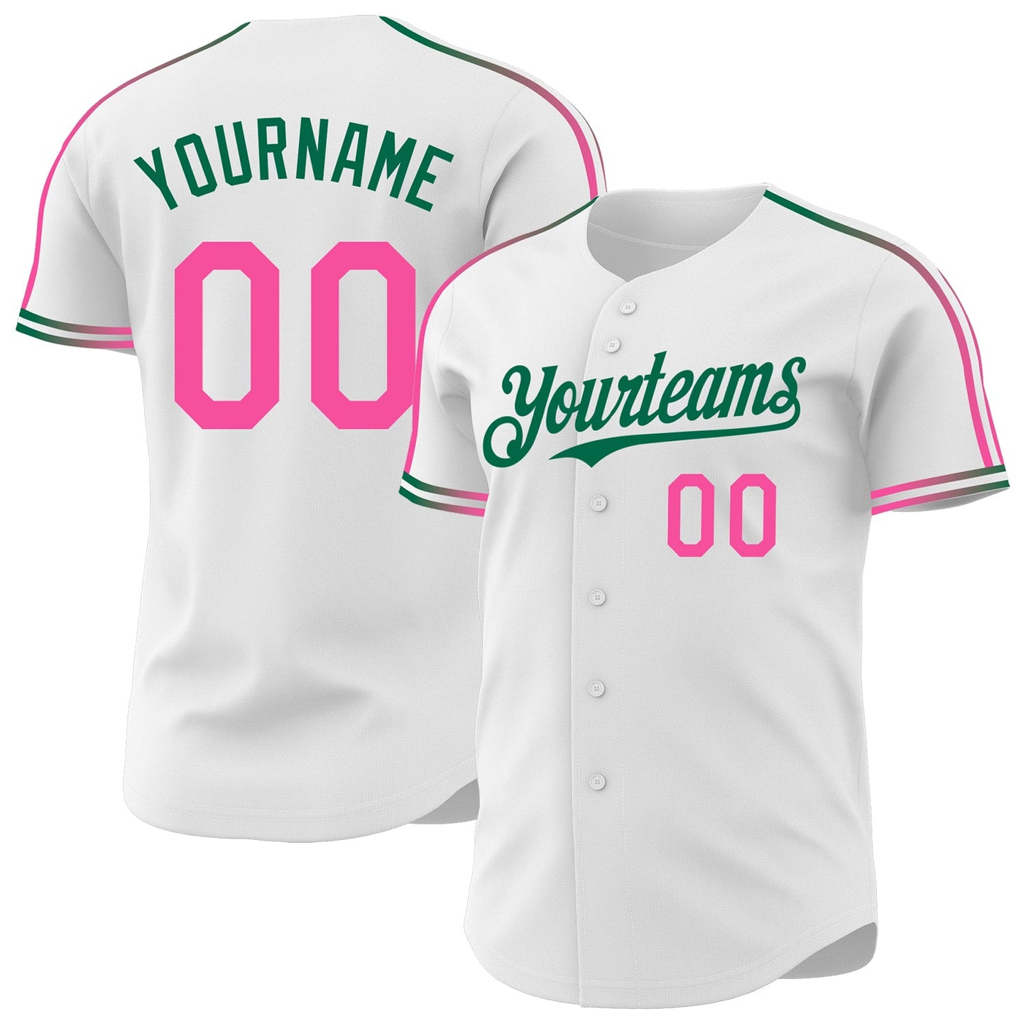 Custom White Pink-Kelly Green Raglan Line Gradient Stripe Authentic Baseball Jersey - Main View