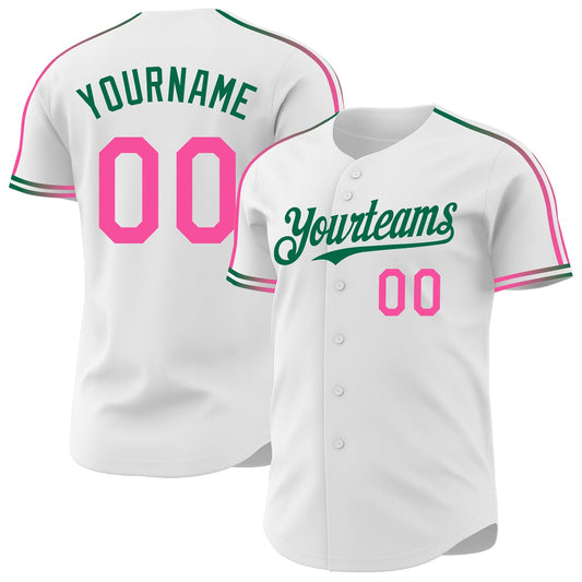 Custom White Pink-Kelly Green Raglan Line Gradient Stripe Authentic Baseball Jersey - Main View