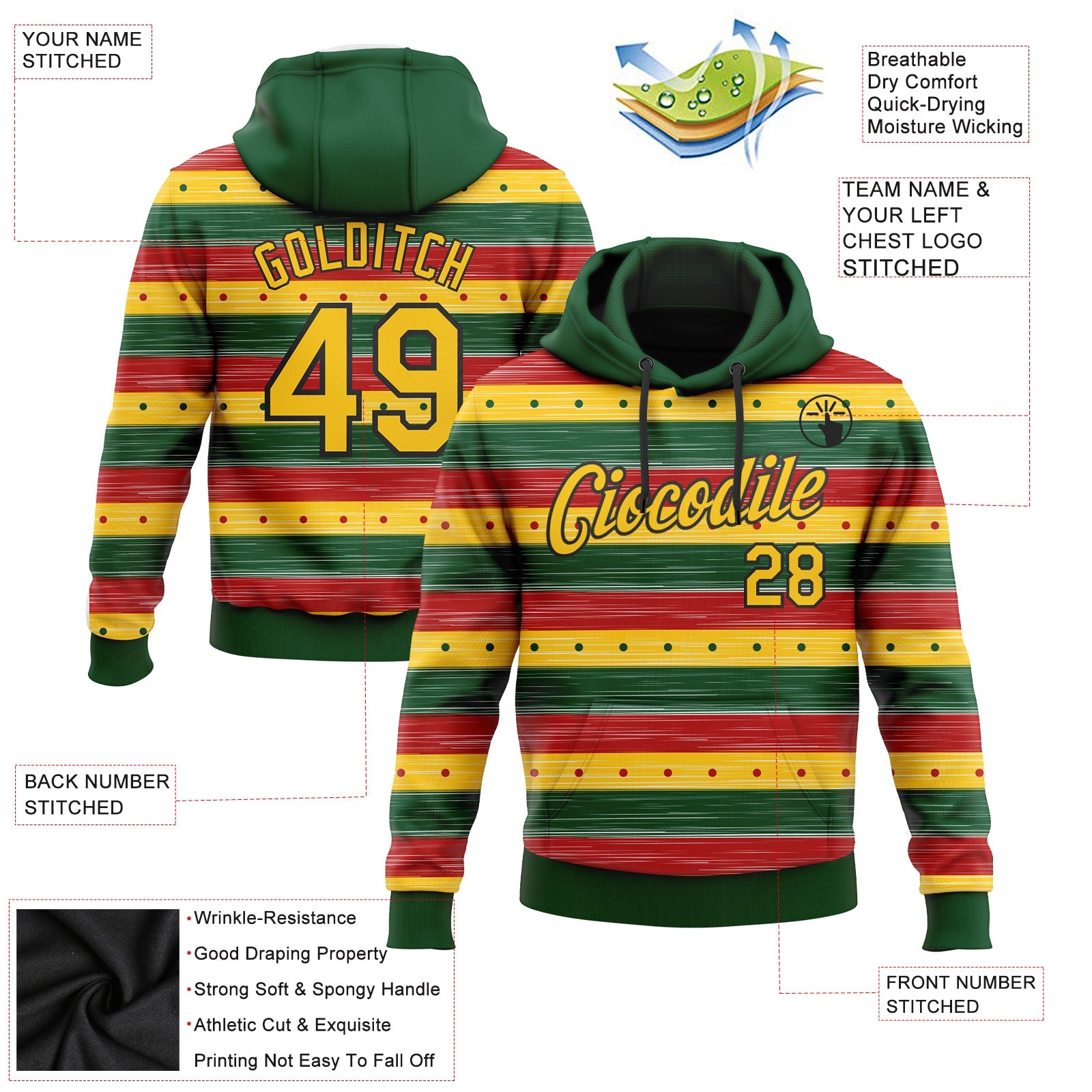 Custom Stitched Green Yellow-Black 3D Pattern Design Black History Month Sports Pullover Sweatshirt Hoodie view 2