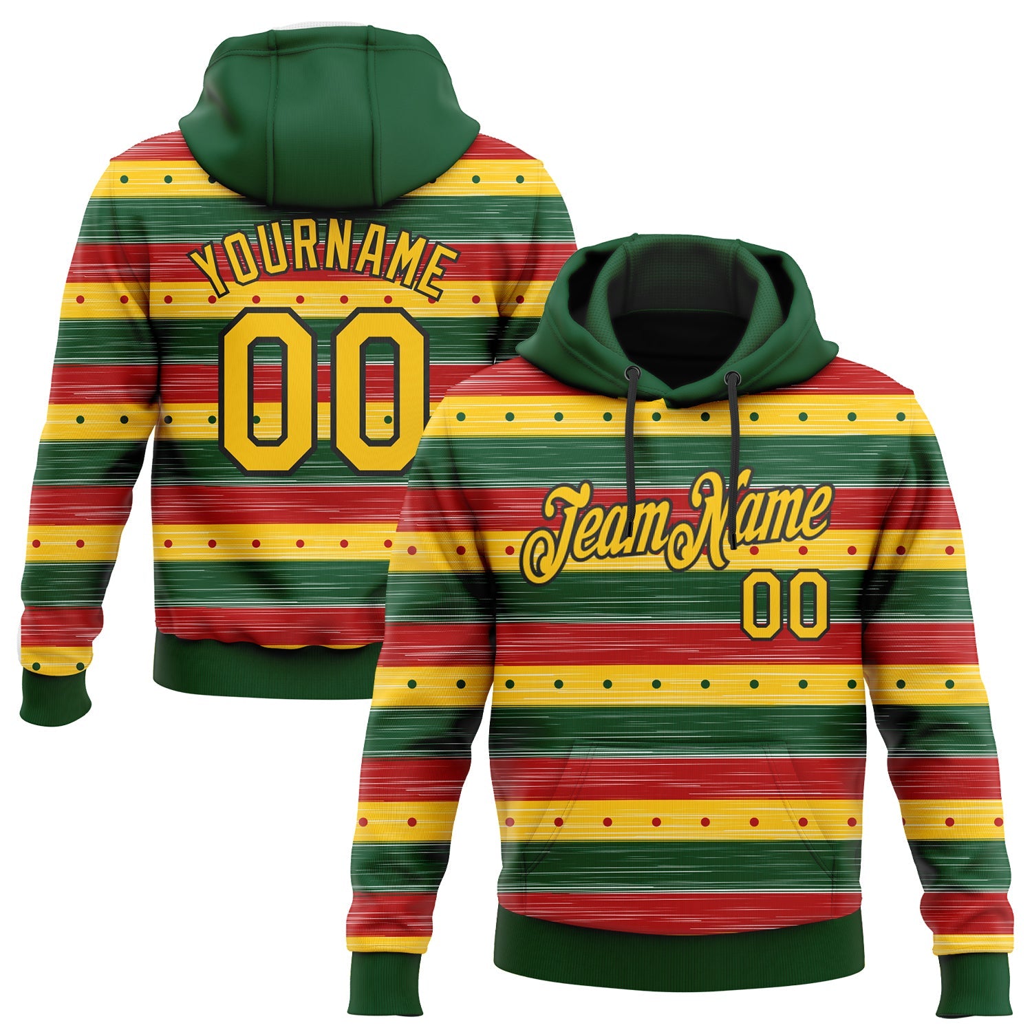 Custom Stitched Green Yellow-Black 3D Pattern Design Black History Month Sports Pullover Sweatshirt Hoodie - Main View