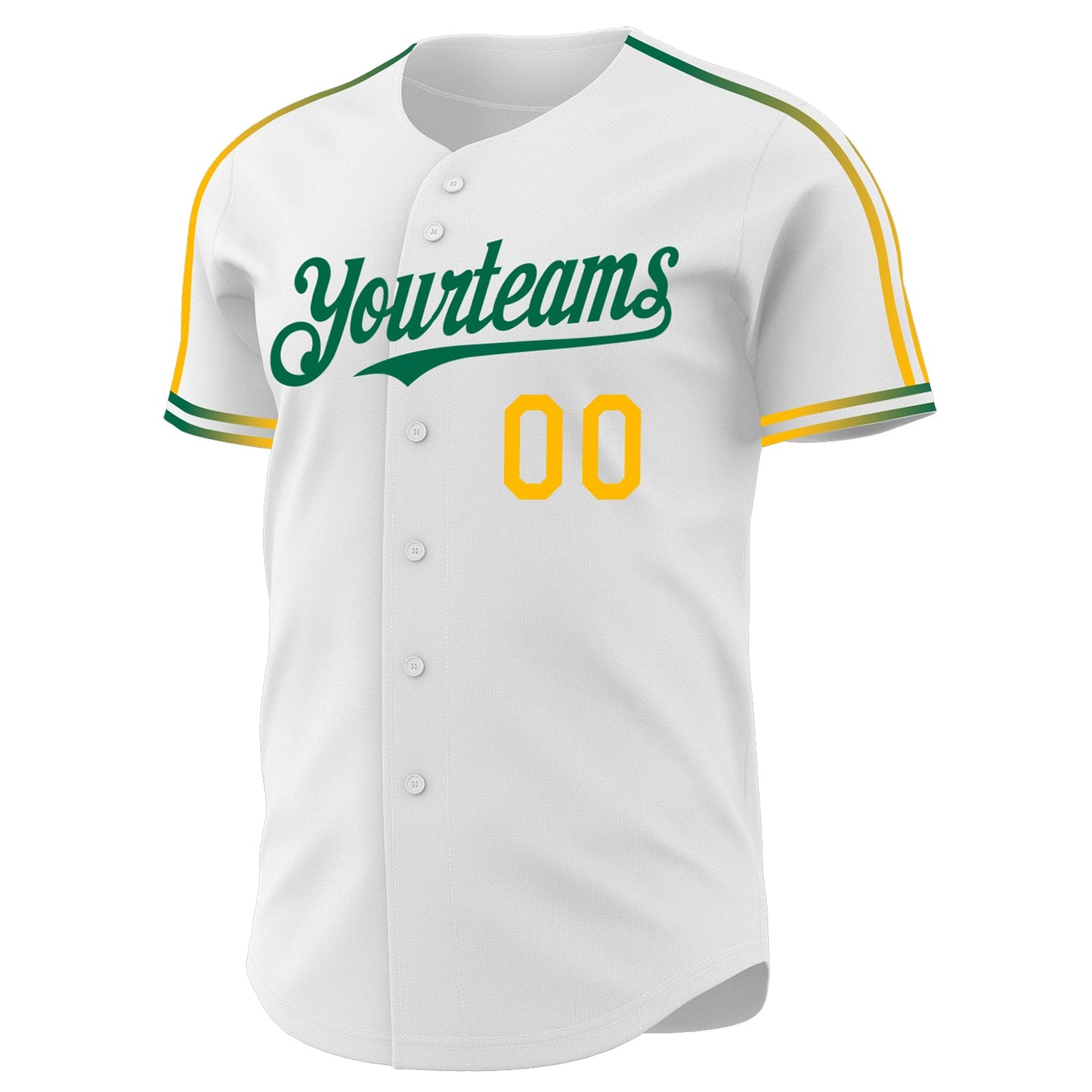 Custom White Gold-Kelly Green Raglan Line Gradient Stripe Authentic Baseball Jersey view 3