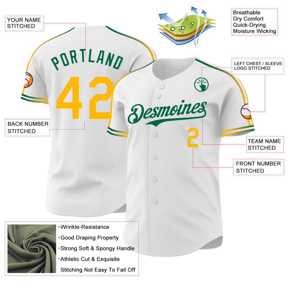Custom White Gold-Kelly Green Raglan Line Gradient Stripe Authentic Baseball Jersey view 4