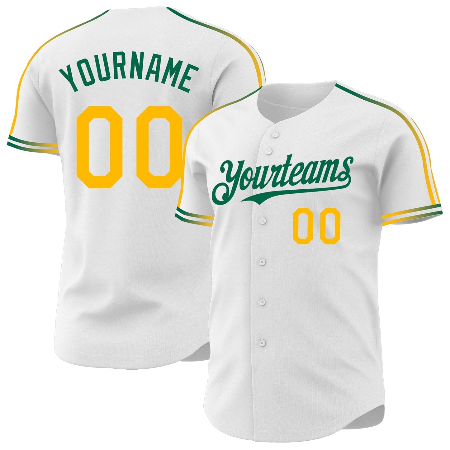 Custom White Gold-Kelly Green Raglan Line Gradient Stripe Authentic Baseball Jersey - Main View