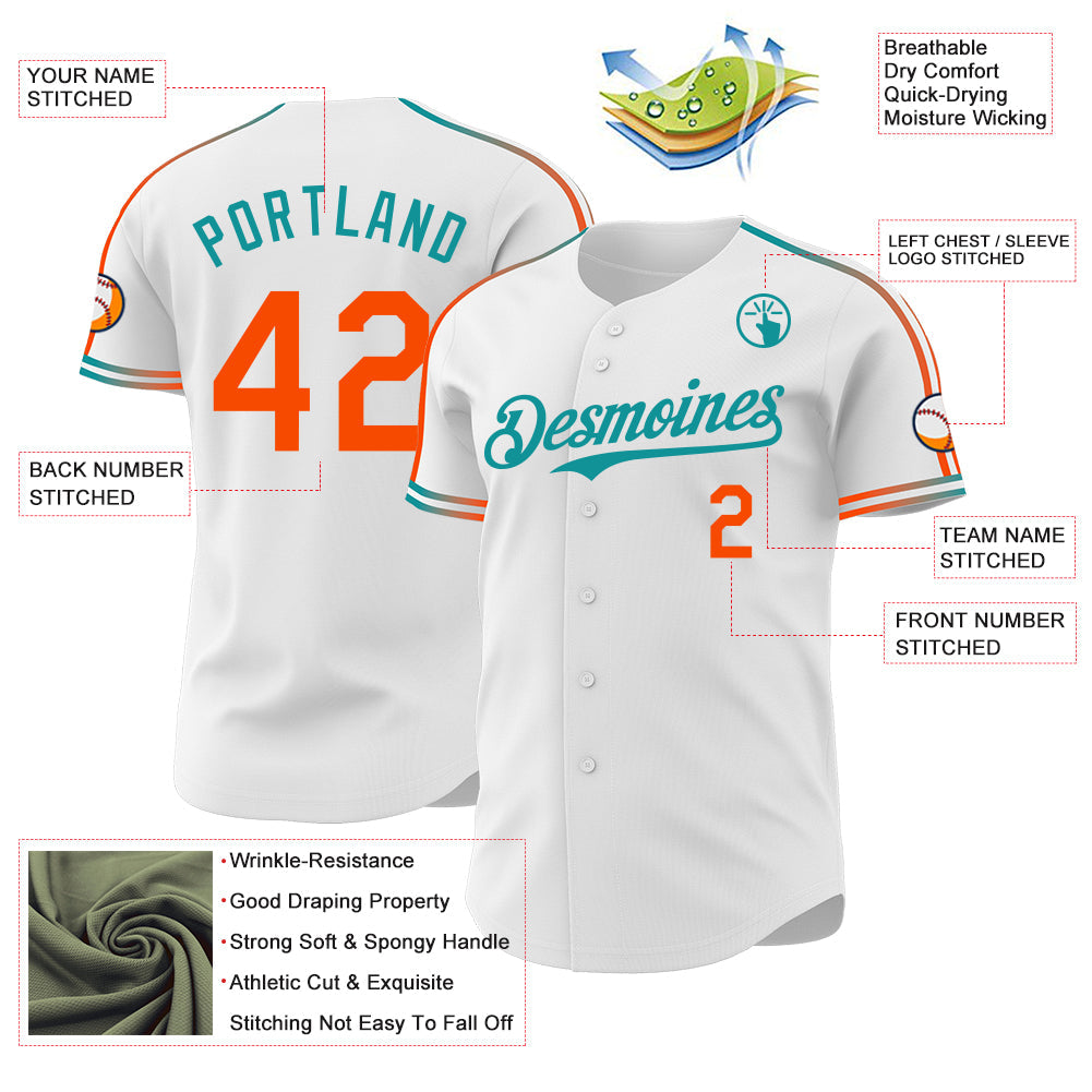 Custom White Orange-Teal Raglan Line Gradient Stripe Authentic Baseball Jersey view 4