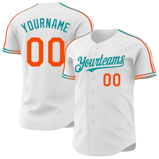 Custom White Orange-Teal Raglan Line Gradient Stripe Authentic Baseball Jersey - Main View