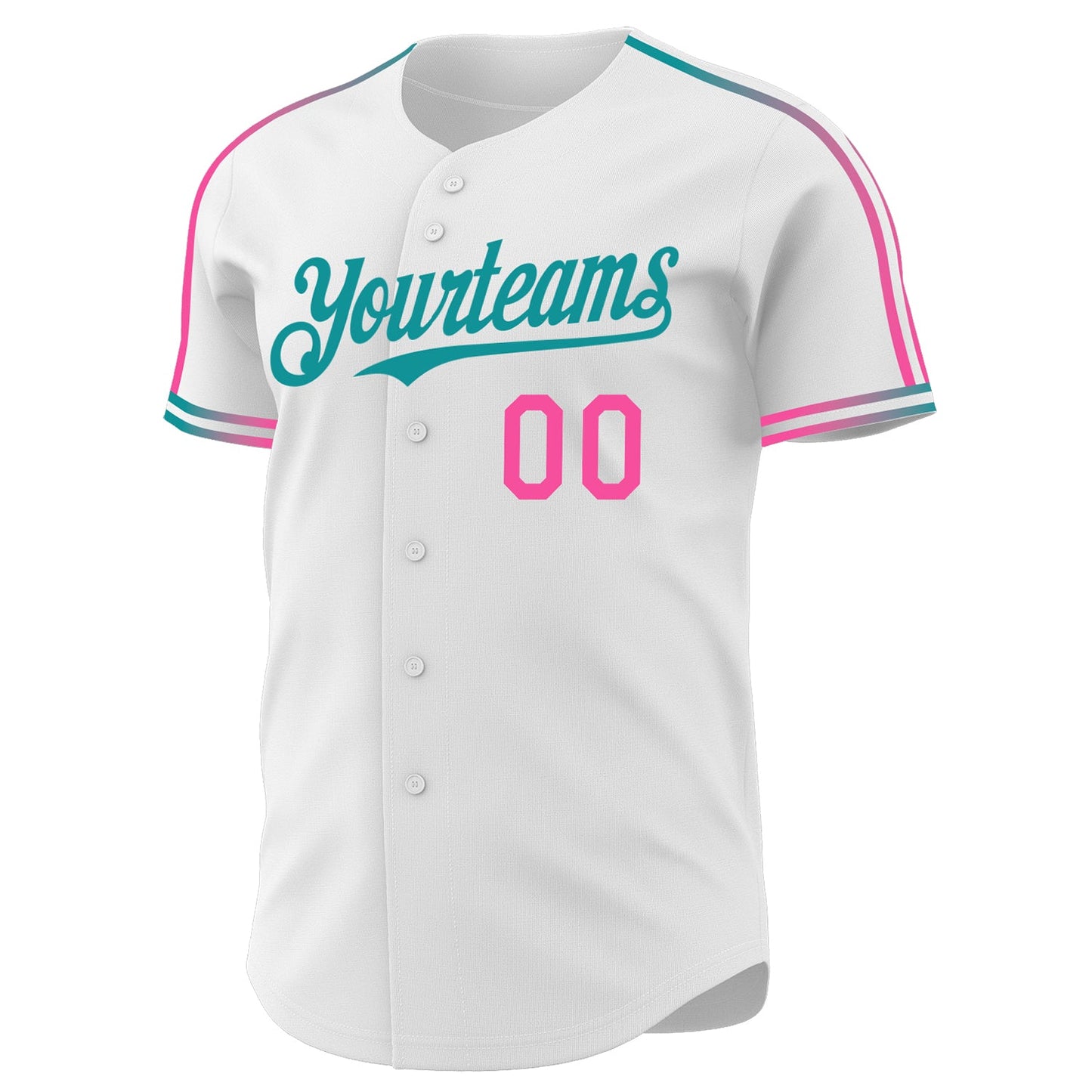 Custom White Pink-Teal Raglan Line Gradient Stripe Authentic Baseball Jersey view 3