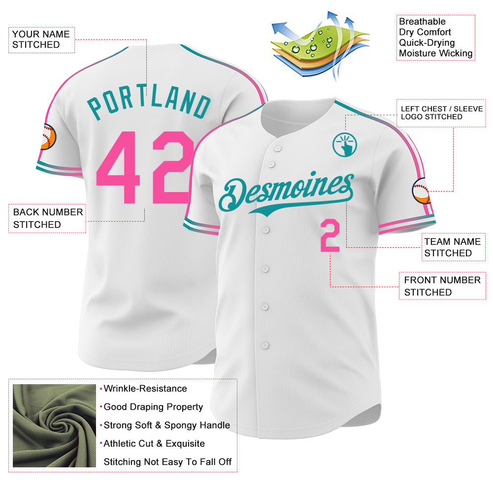 Custom White Pink-Teal Raglan Line Gradient Stripe Authentic Baseball Jersey view 4