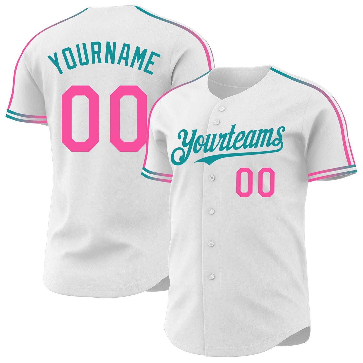 Custom White Pink-Teal Raglan Line Gradient Stripe Authentic Baseball Jersey - Main View