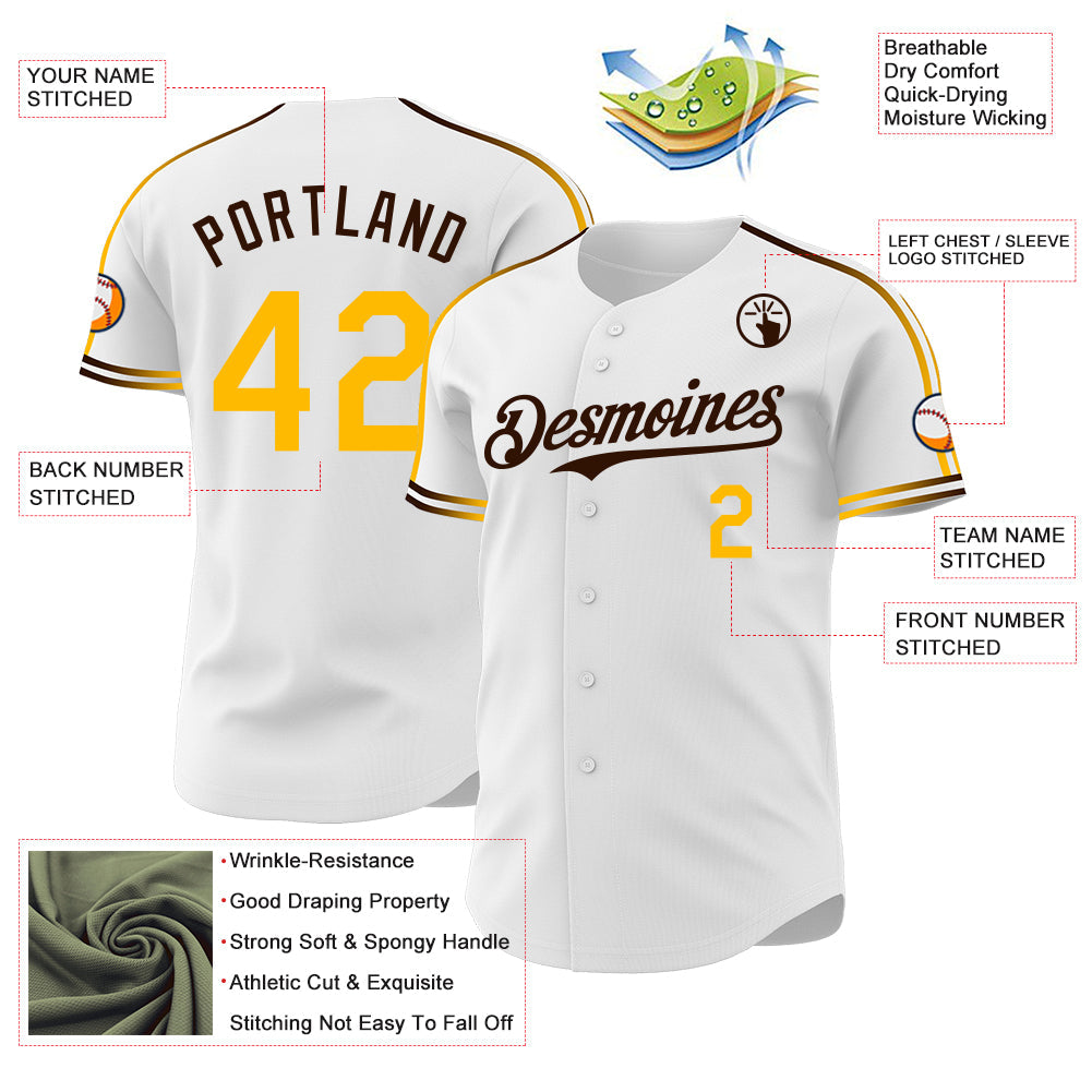 Custom White Gold-Brown Raglan Line Gradient Stripe Authentic Baseball Jersey view 4