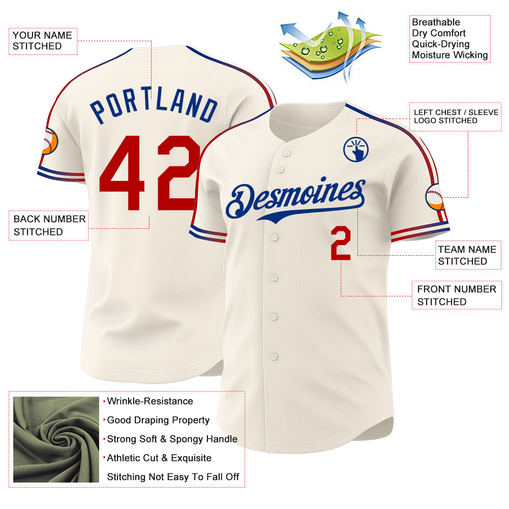 Custom Cream Red-Royal Raglan Line Gradient Stripe Authentic Baseball Jersey view 4