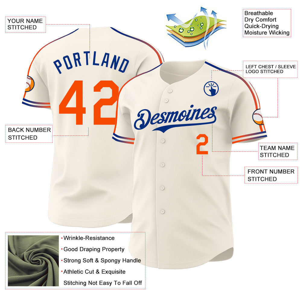 Custom Cream Orange-Royal Raglan Line Gradient Stripe Authentic Baseball Jersey view 4