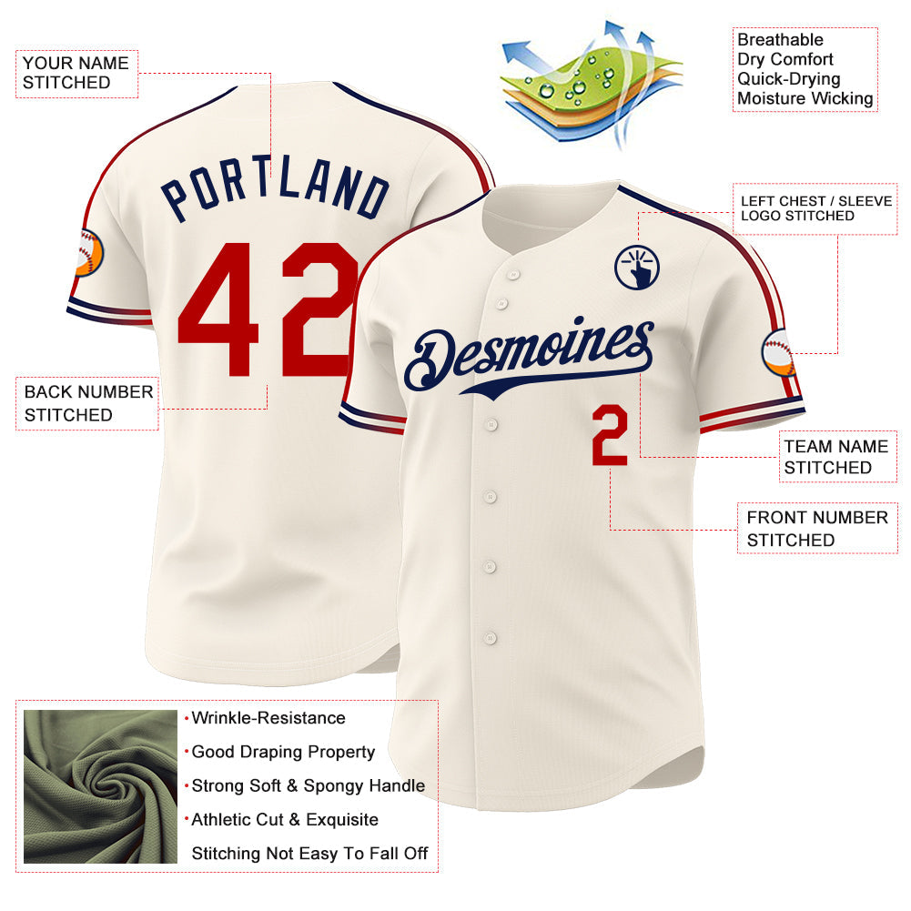 Custom Cream Red-Navy Raglan Line Gradient Stripe Authentic Baseball Jersey view 4