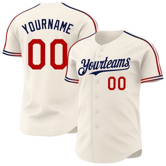Custom Cream Red-Navy Raglan Line Gradient Stripe Authentic Baseball Jersey - Main View