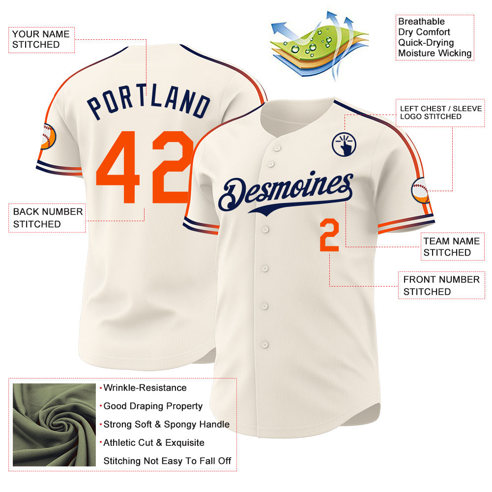 Custom Cream Orange-Navy Raglan Line Gradient Stripe Authentic Baseball Jersey view 4
