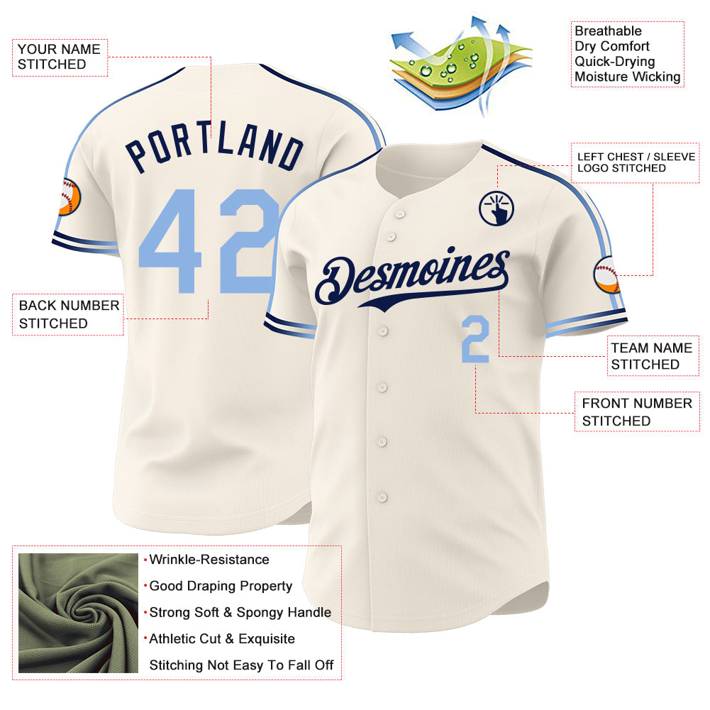 Custom Cream Light Blue-Navy Raglan Line Gradient Stripe Authentic Baseball Jersey view 4