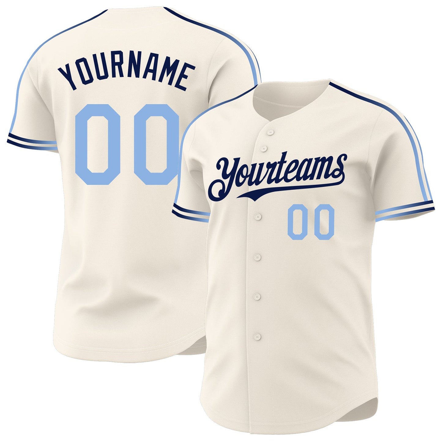 Custom Cream Light Blue-Navy Raglan Line Gradient Stripe Authentic Baseball Jersey - Main View