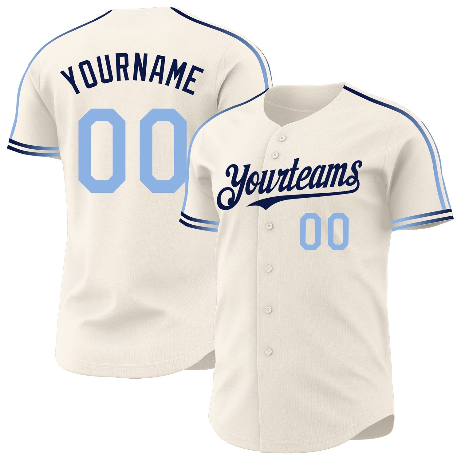 Custom Cream Light Blue-Navy Raglan Line Gradient Stripe Authentic Baseball Jersey - Main View