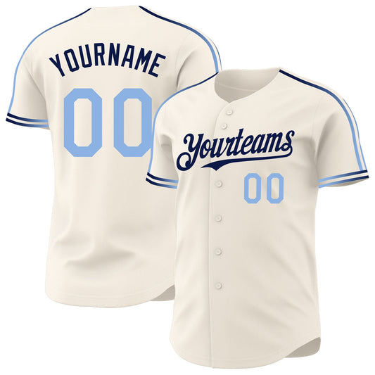 Custom Cream Light Blue-Navy Raglan Line Gradient Stripe Authentic Baseball Jersey - Main View