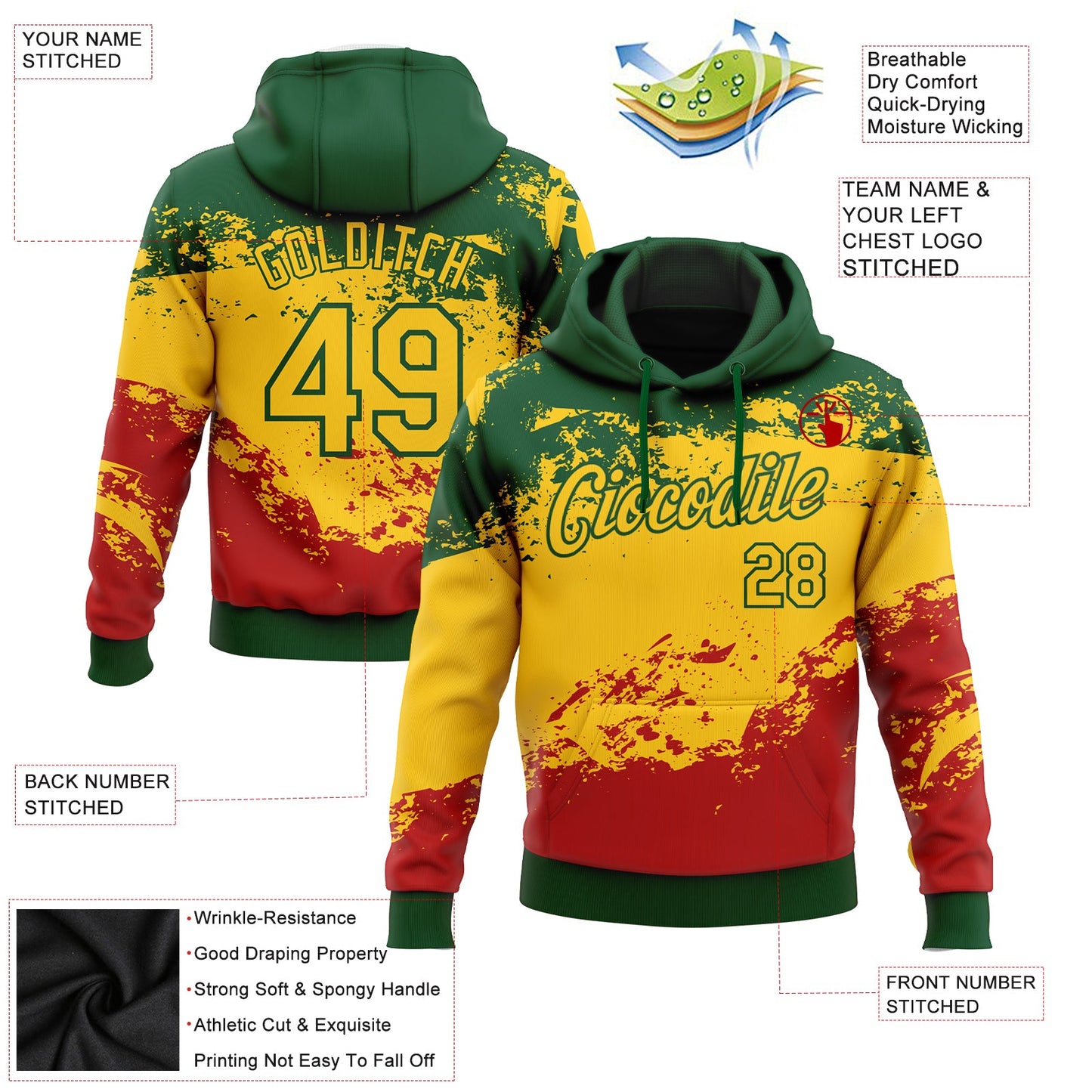 Custom Stitched Green Yellow-Red 3D Pattern Design Black History Month Sports Pullover Sweatshirt Hoodie view 2
