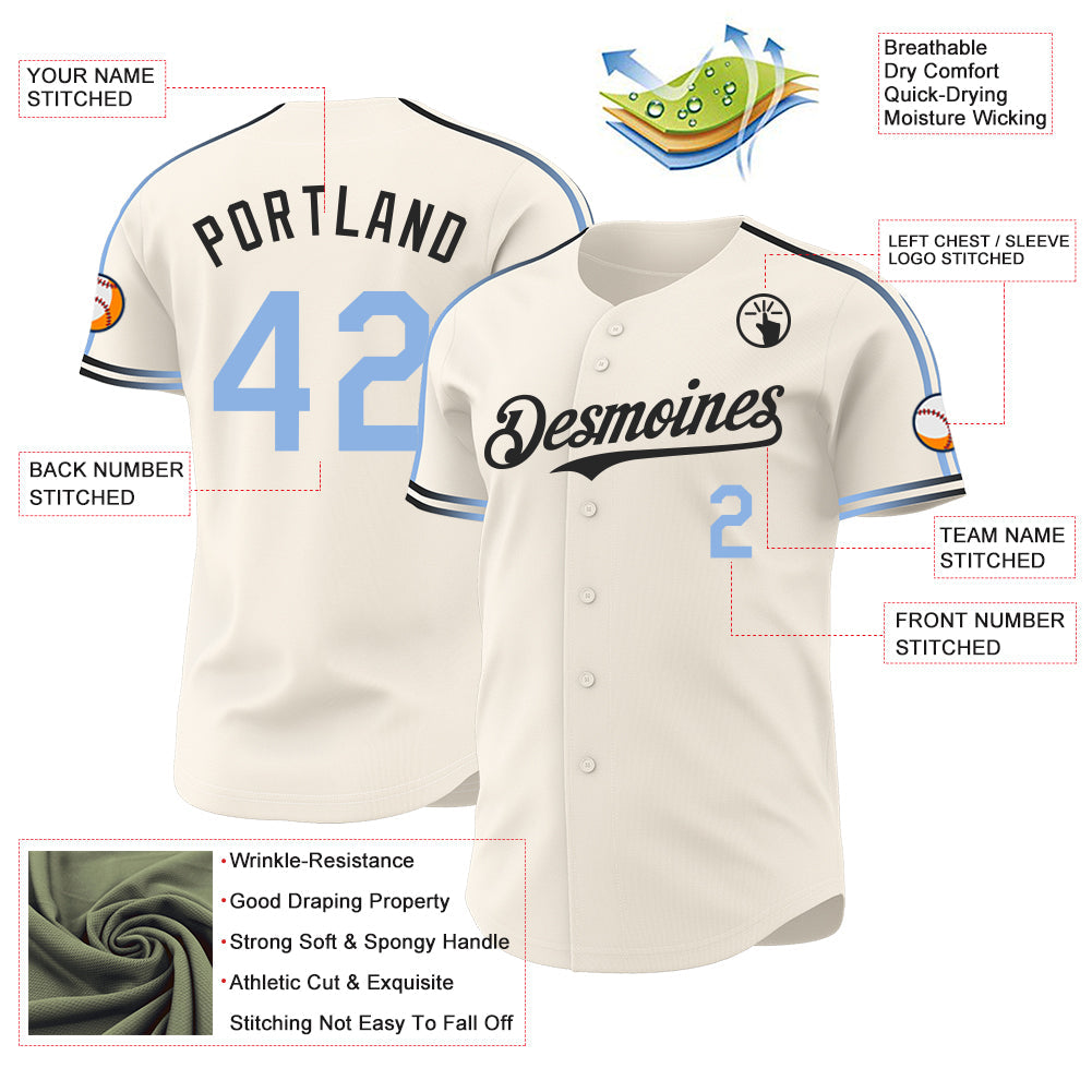 Custom Cream Light Blue-Black Raglan Line Gradient Stripe Authentic Baseball Jersey view 4