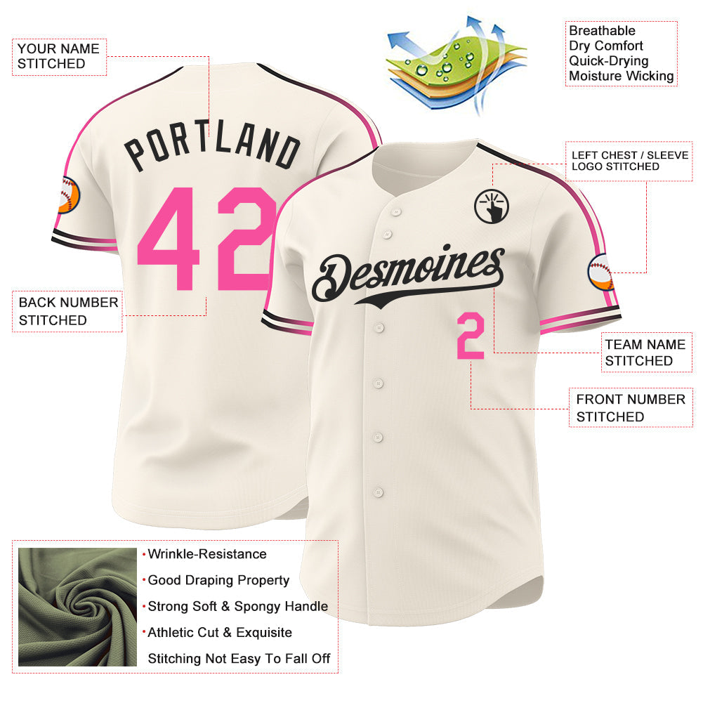 Custom Cream Pink-Black Raglan Line Gradient Stripe Authentic Baseball Jersey view 4