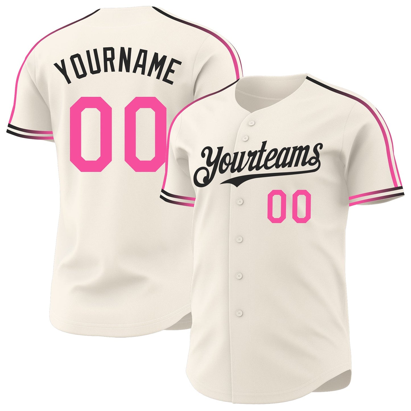 Custom Cream Pink-Black Raglan Line Gradient Stripe Authentic Baseball Jersey - Main View