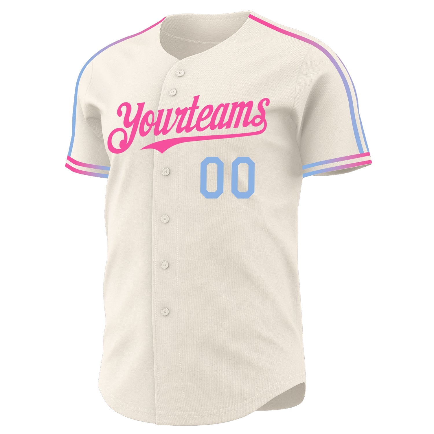 Custom Cream Light Blue-Pink Raglan Line Gradient Stripe Authentic Baseball Jersey view 3