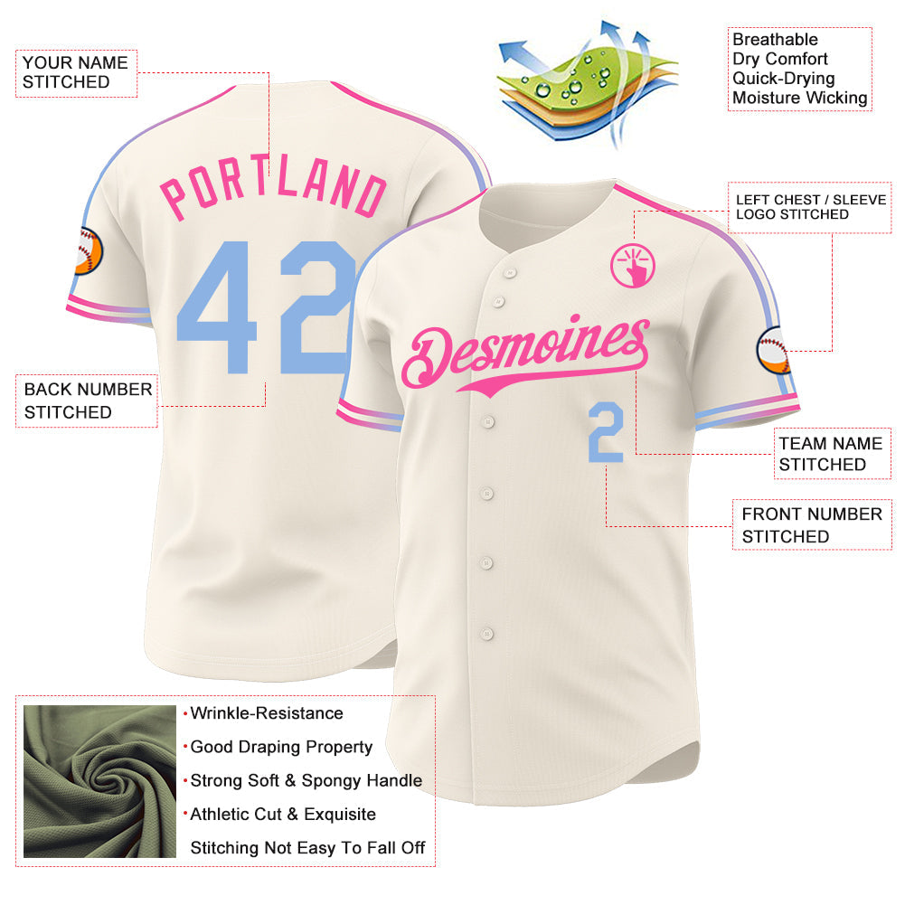 Custom Cream Light Blue-Pink Raglan Line Gradient Stripe Authentic Baseball Jersey view 4