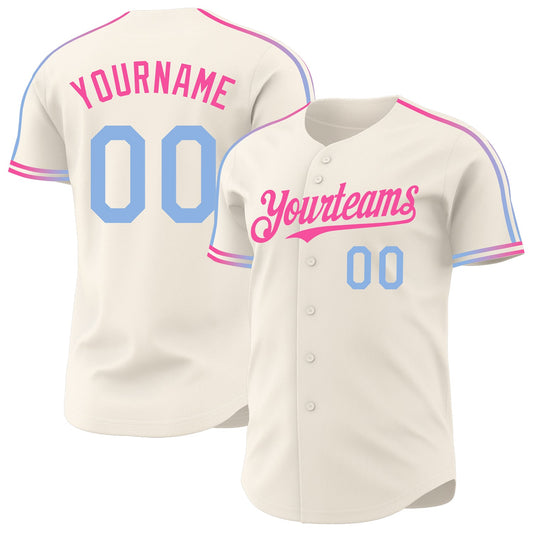 Custom Cream Light Blue-Pink Raglan Line Gradient Stripe Authentic Baseball Jersey - Main View