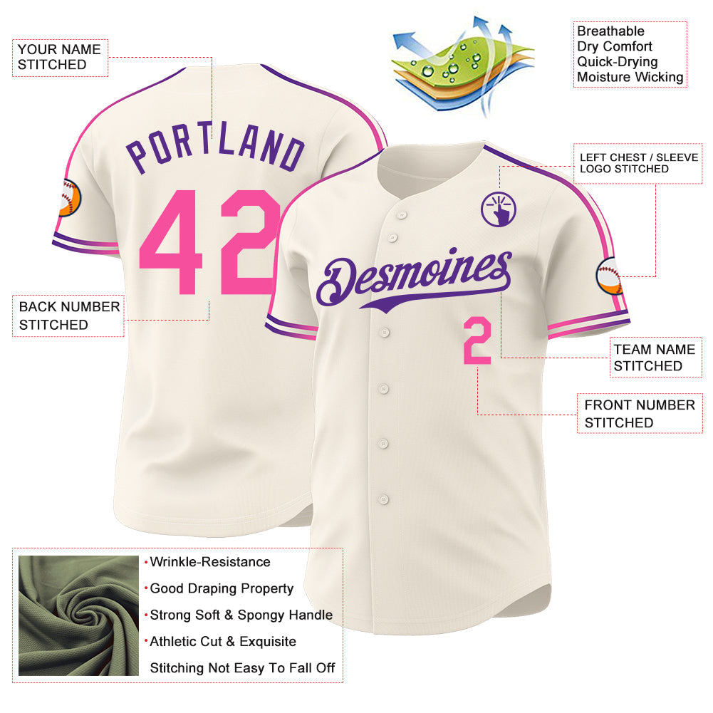 Custom Cream Pink-Purple Raglan Line Gradient Stripe Authentic Baseball Jersey view 4