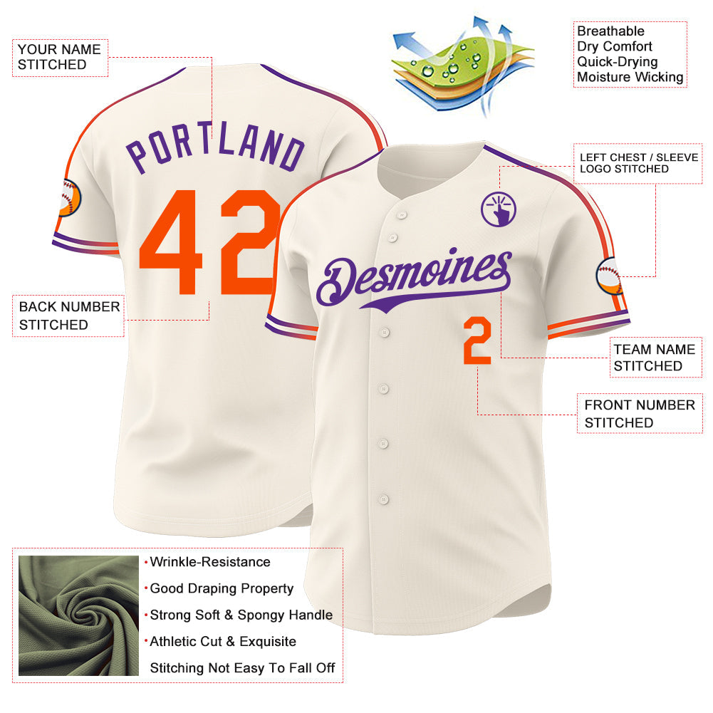 Custom Cream Orange-Purple Raglan Line Gradient Stripe Authentic Baseball Jersey view 4
