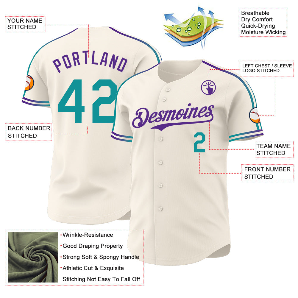 Custom Cream Teal-Purple Raglan Line Gradient Stripe Authentic Baseball Jersey view 4
