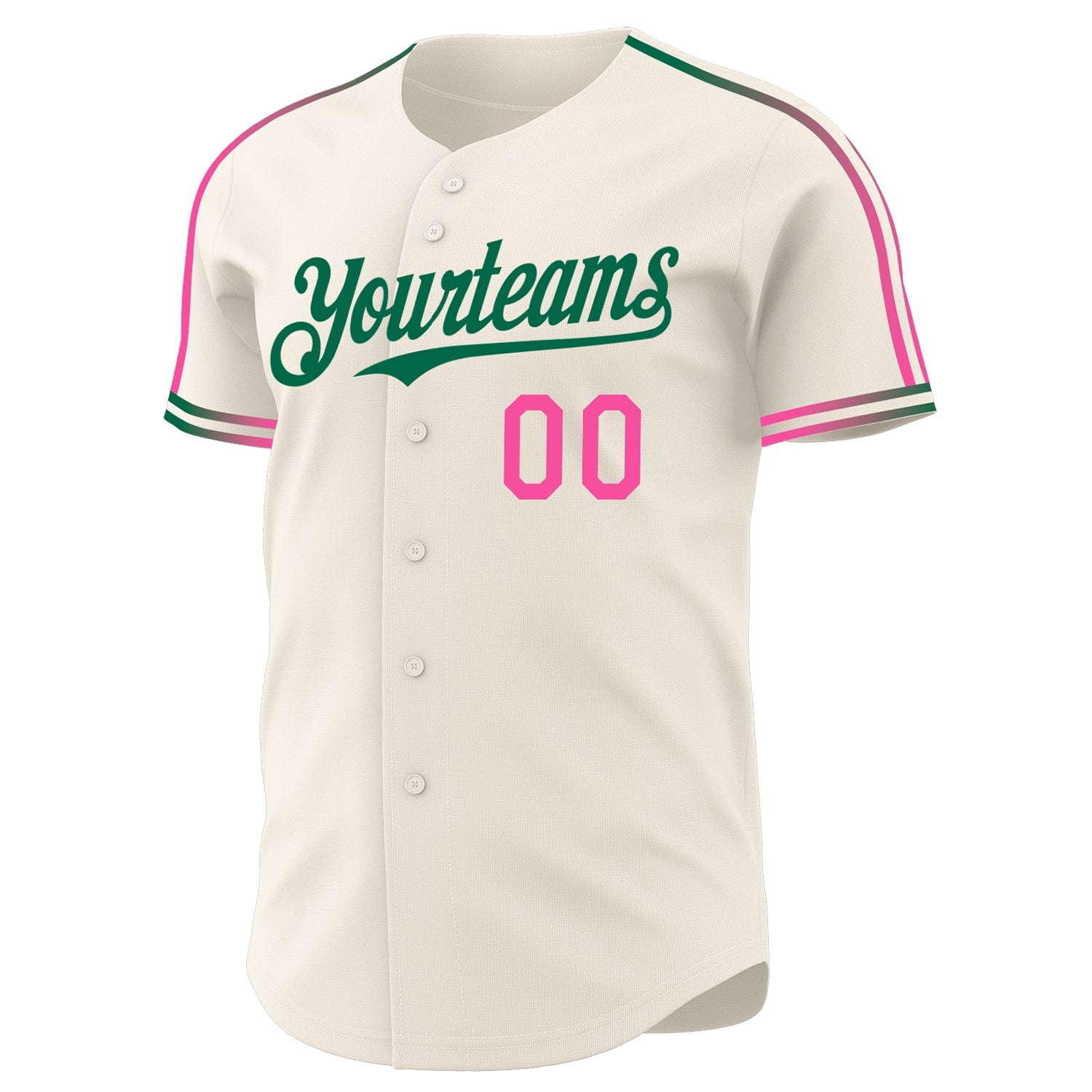 Custom Cream Pink-Kelly Green Raglan Line Gradient Stripe Authentic Baseball Jersey view 3