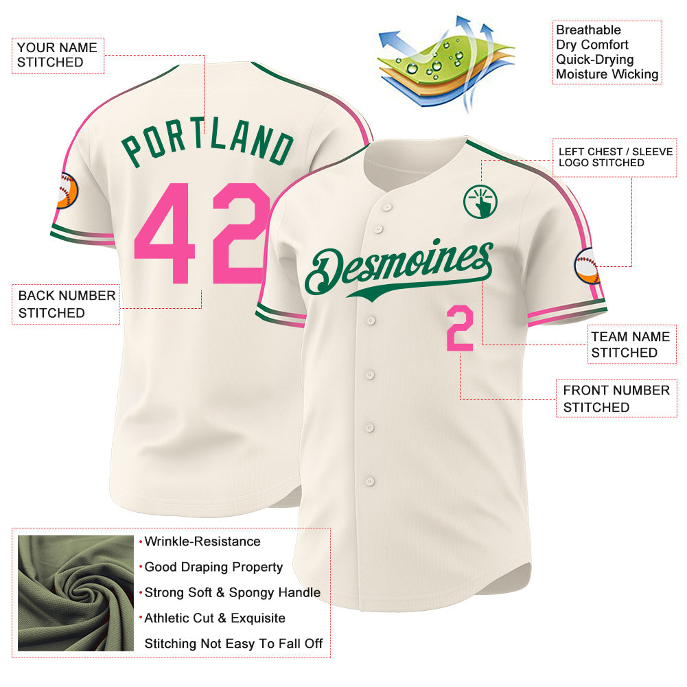 Custom Cream Pink-Kelly Green Raglan Line Gradient Stripe Authentic Baseball Jersey view 4