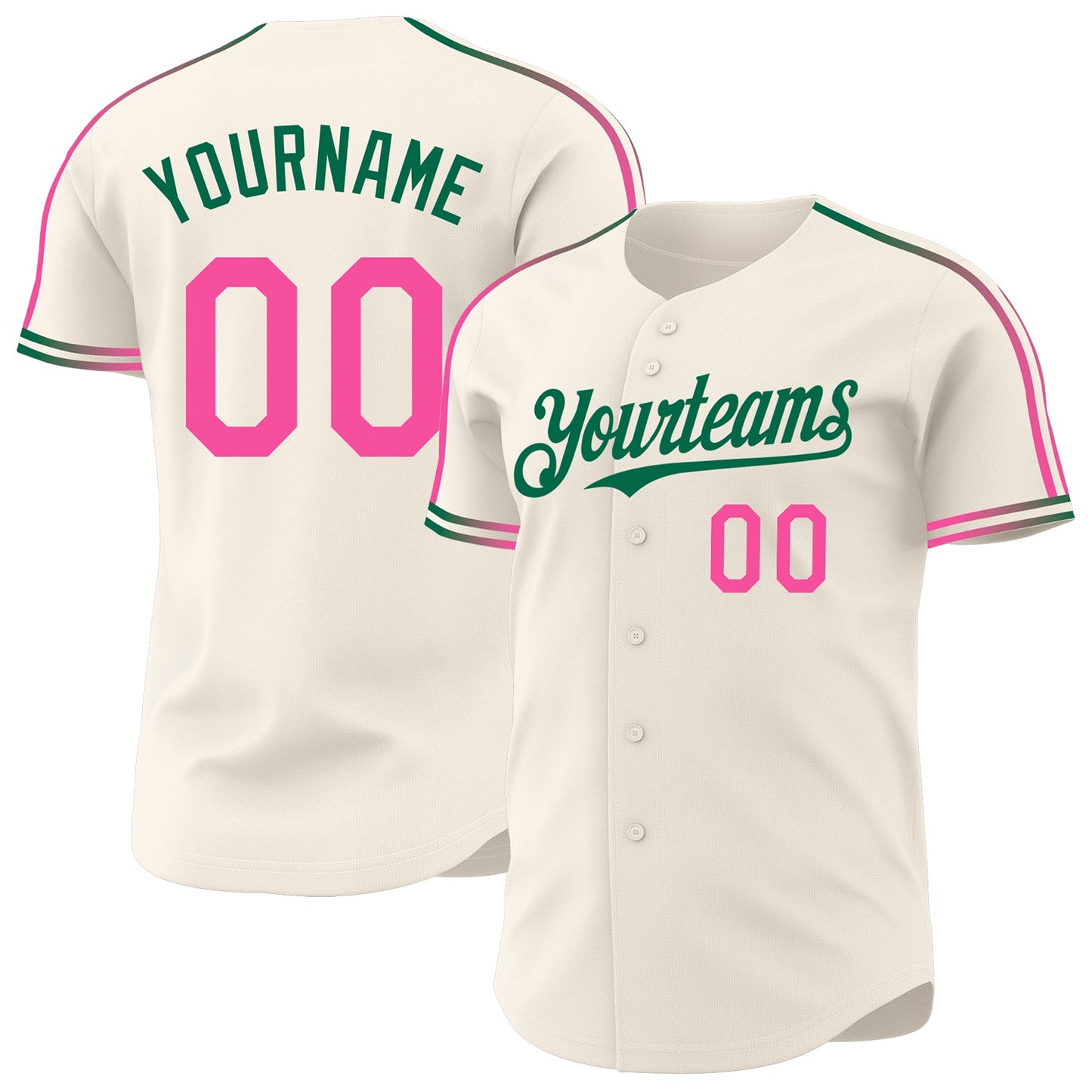 Custom Cream Pink-Kelly Green Raglan Line Gradient Stripe Authentic Baseball Jersey - Main View