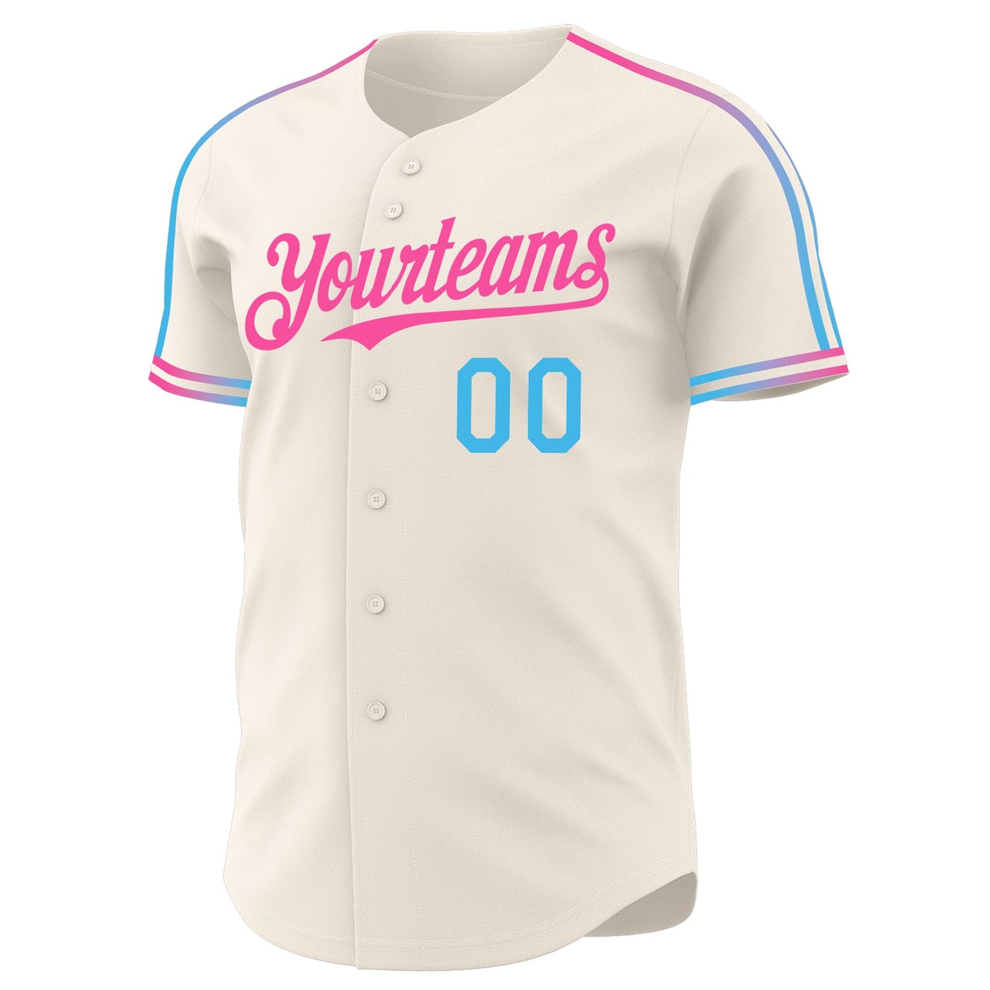 Custom Cream Sky Blue-Pink Raglan Line Gradient Stripe Authentic Baseball Jersey view 3