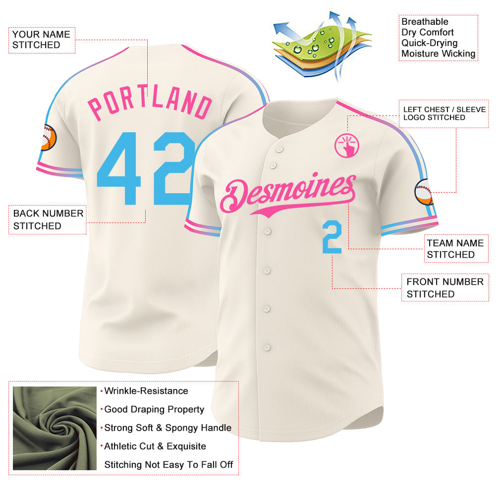 Custom Cream Sky Blue-Pink Raglan Line Gradient Stripe Authentic Baseball Jersey view 4