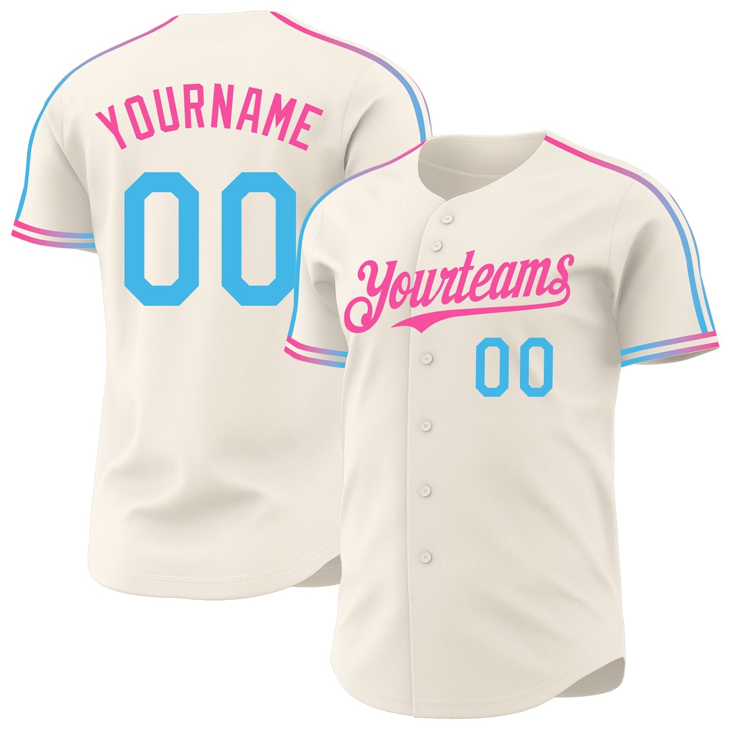 Custom Cream Sky Blue-Pink Raglan Line Gradient Stripe Authentic Baseball Jersey - Main View