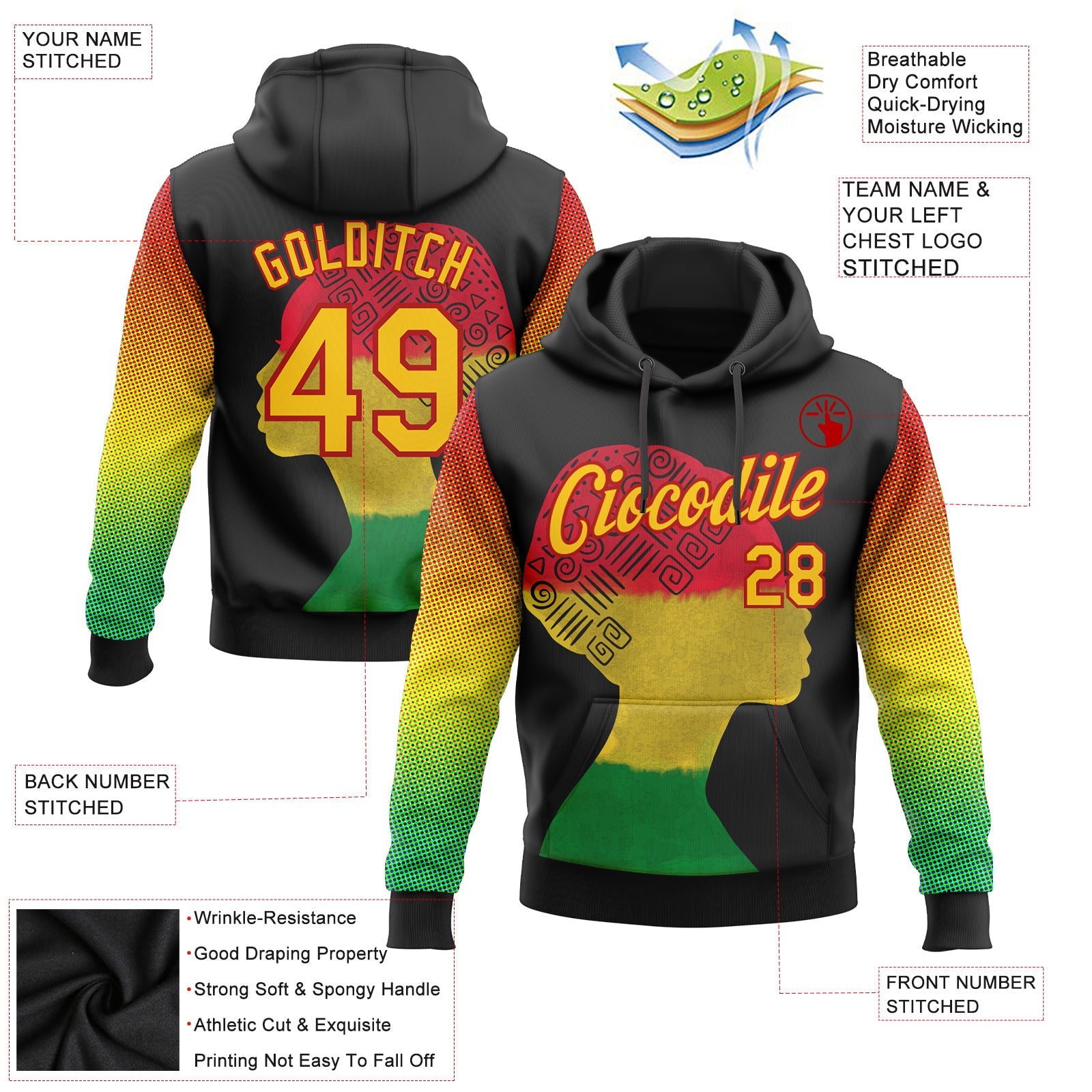 Custom Stitched Black Yellow-Red 3D Pattern Design Black History Month Sports Pullover Sweatshirt Hoodie view 2
