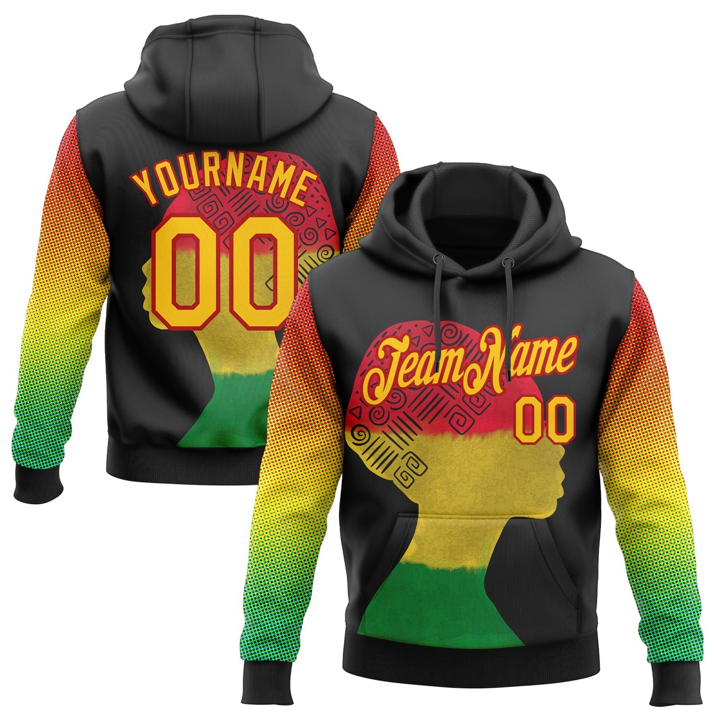 Custom Stitched Black Yellow-Red 3D Pattern Design Black History Month Sports Pullover Sweatshirt Hoodie - Main View